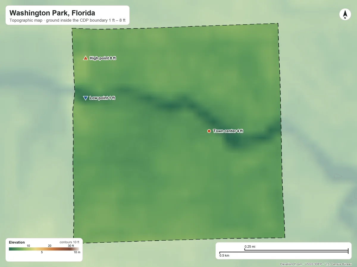 Topographic elevation map of Washington Park, Florida, shaded from 1 ft on the west side to 8 ft on the northwest side
