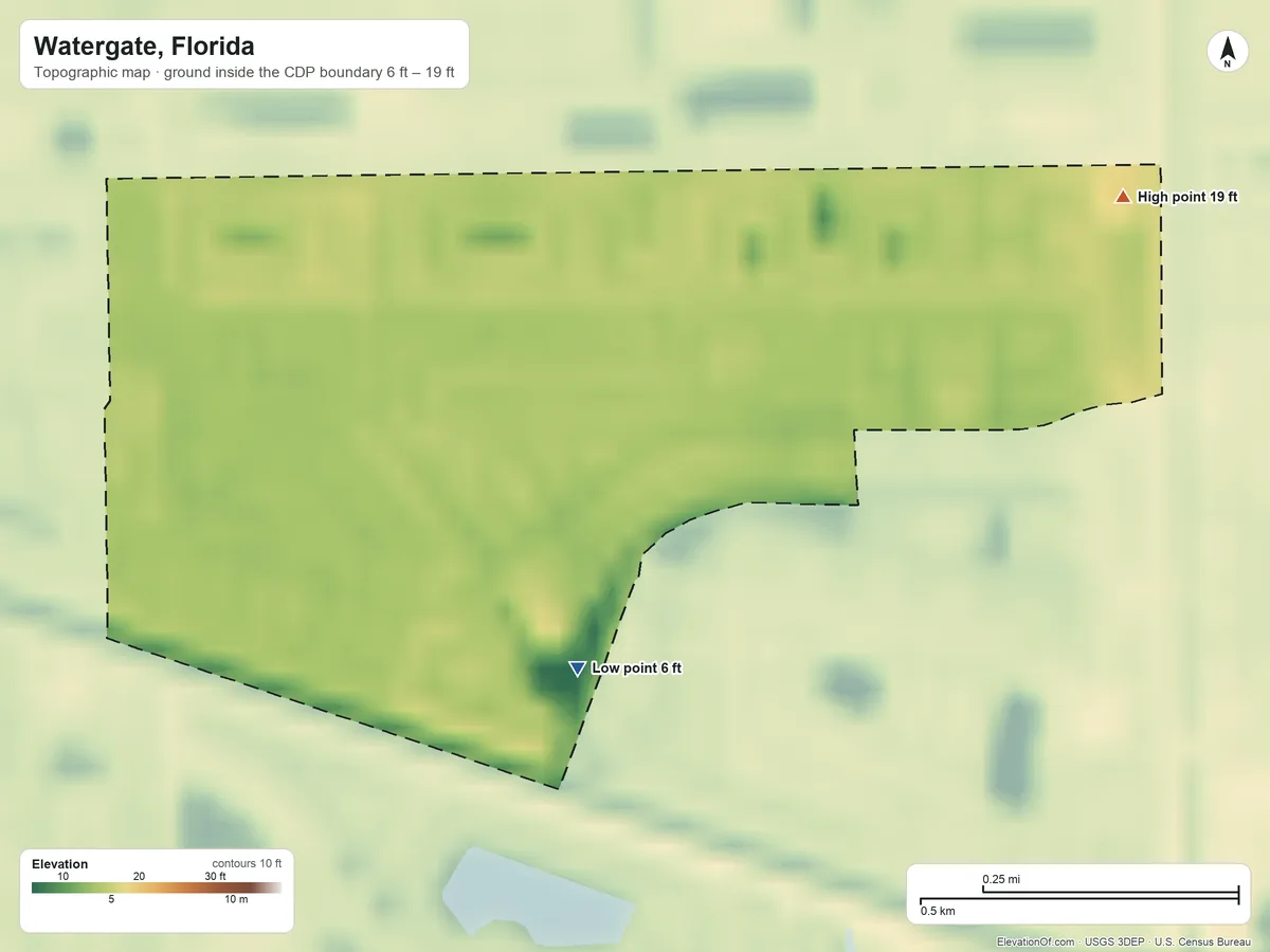Topographic elevation map of Watergate, Florida, shaded from 6 ft on the southwest side to 19 ft on the northeast side