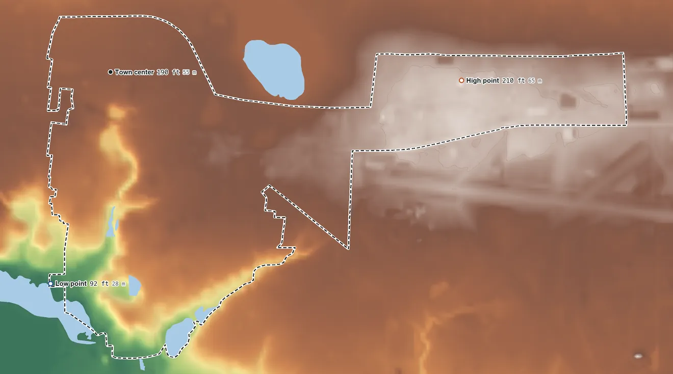 Topographic elevation map of Watertown, Florida, shaded from 92 ft on the south side to 210 ft on the east side