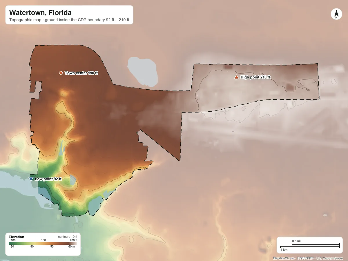 Topographic elevation map of Watertown, Florida, shaded from 92 ft on the south side to 210 ft on the east side