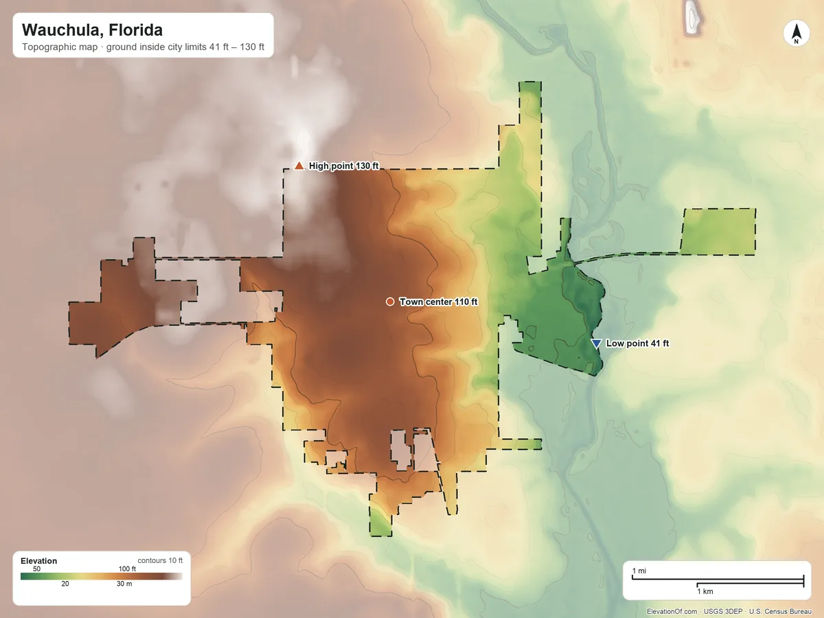Topographic elevation map of Wauchula, Florida, shaded from 41 ft on the east side to 130 ft on the northwest side