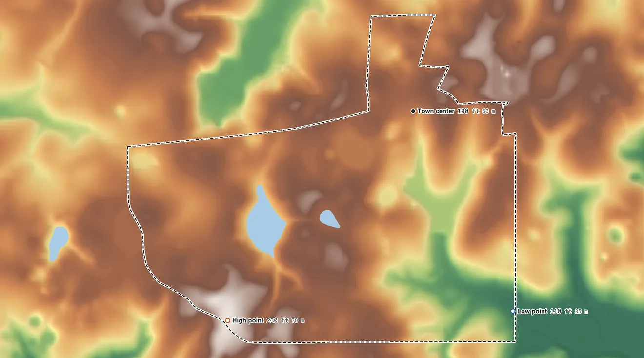 Topographic elevation map of Waukeenah, Florida, shaded from 110 ft on the southeast side to 230 ft on the southwest side