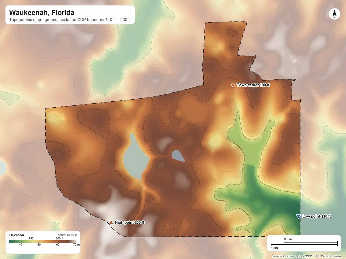 Topographic elevation map of Waukeenah, Florida, shaded from 110 ft on the southeast side to 230 ft on the southwest side