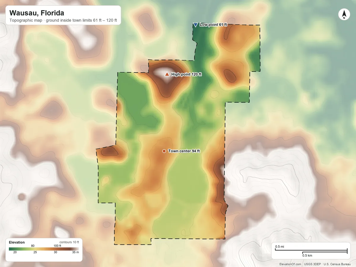 Topographic elevation map of Wausau, Florida, shaded from 61 ft on the north side to 120 ft on the north side