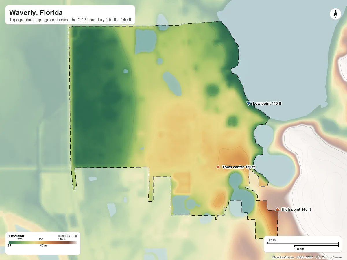 Topographic elevation map of Waverly, Florida, shaded from 110 ft on the northeast side to 140 ft on the southeast side