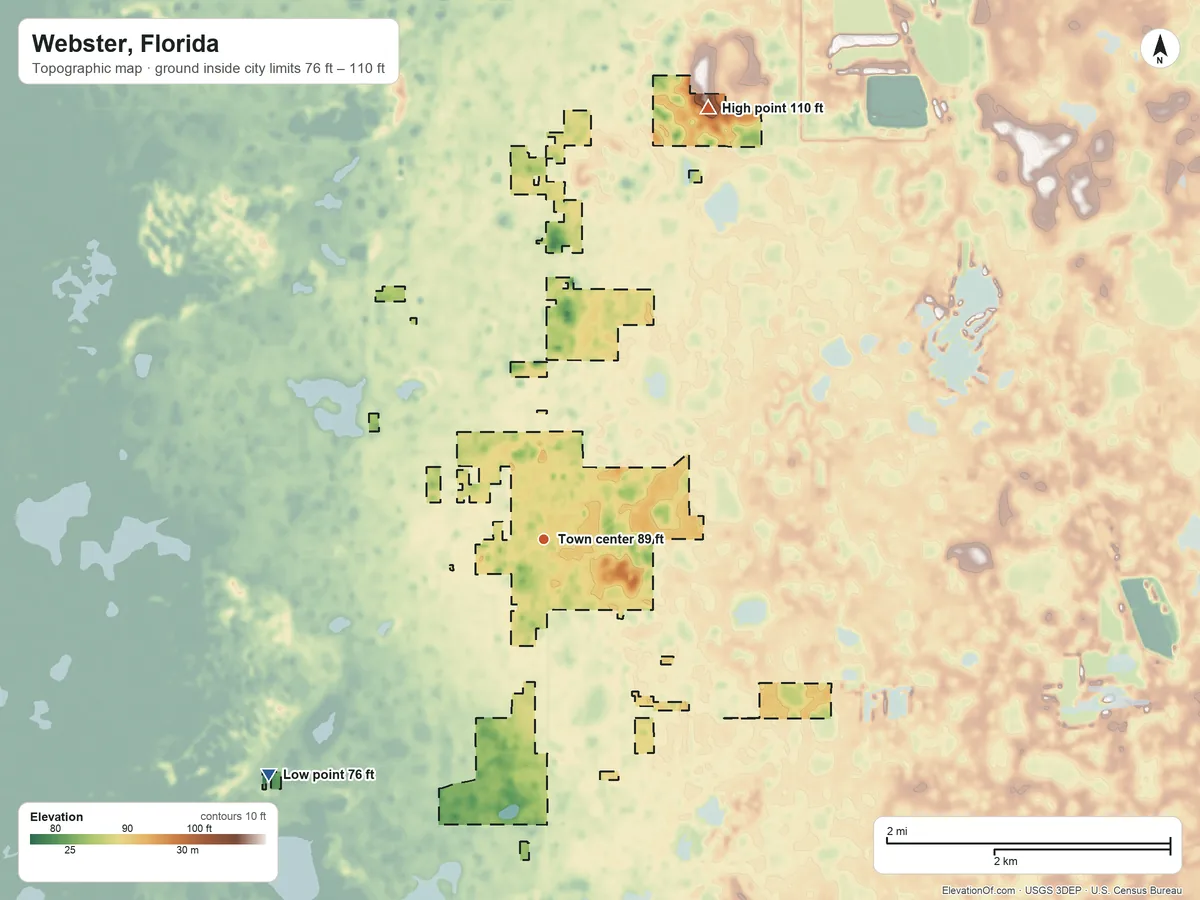 Topographic elevation map of Webster, Florida, shaded from 76 ft on the southwest side to 110 ft on the north side