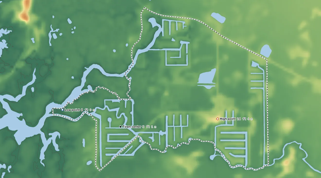 Topographic elevation map of Weeki Wachee Gardens, Florida, shaded from sea level level on the Gulf of America to 14 ft on the east side