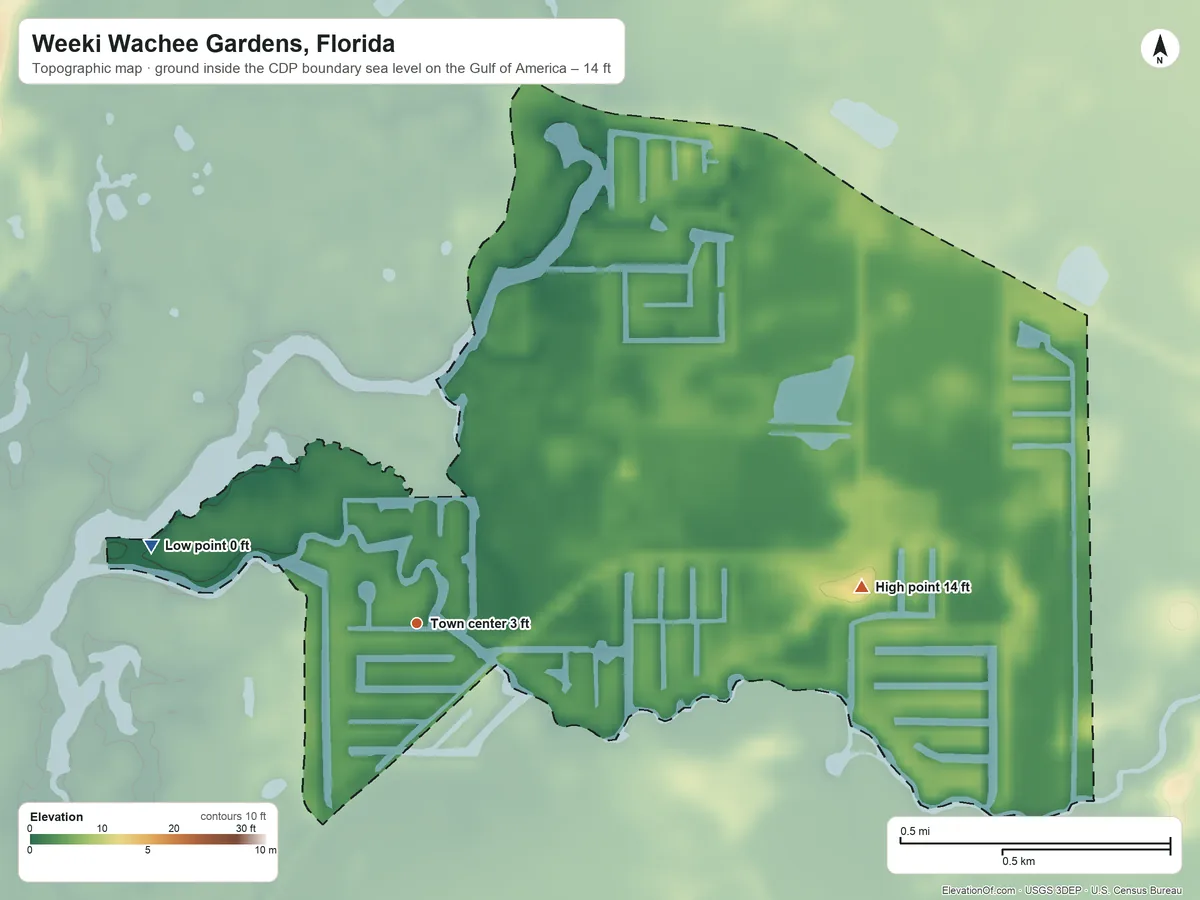 Topographic elevation map of Weeki Wachee Gardens, Florida, shaded from sea level level on the Gulf of America to 14 ft on the east side