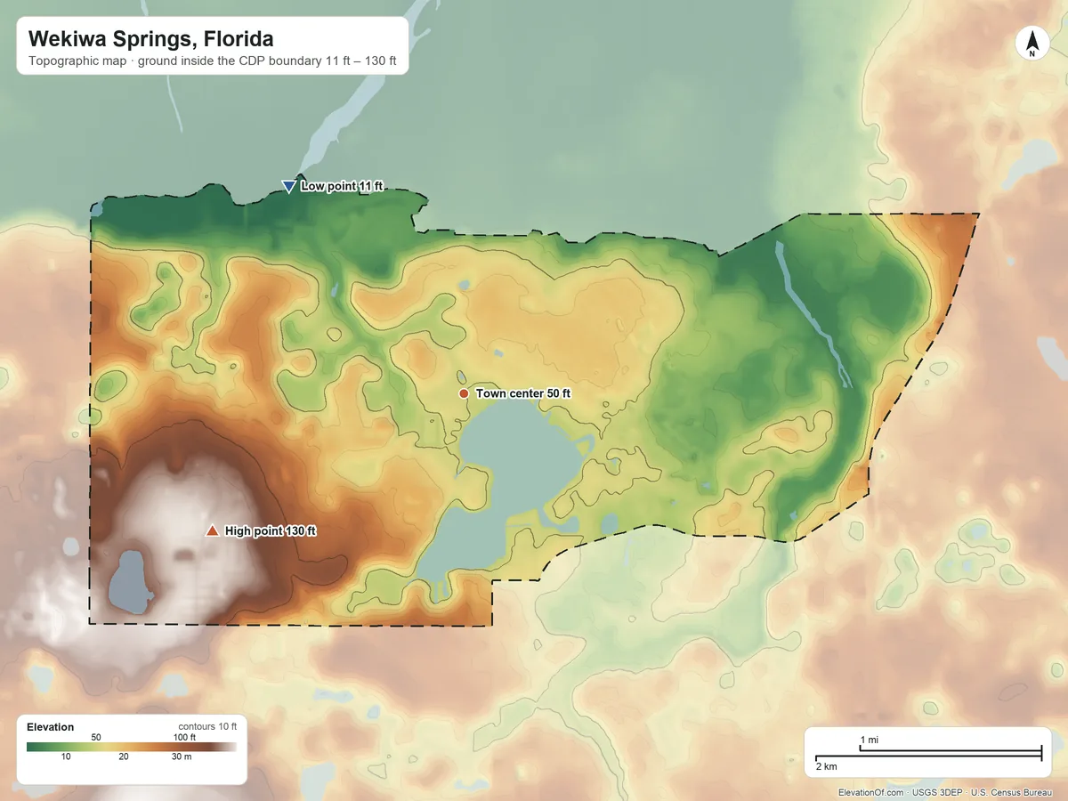 Topographic elevation map of Wekiwa Springs, Florida, shaded from 11 ft on the northwest side to 130 ft on the southwest side