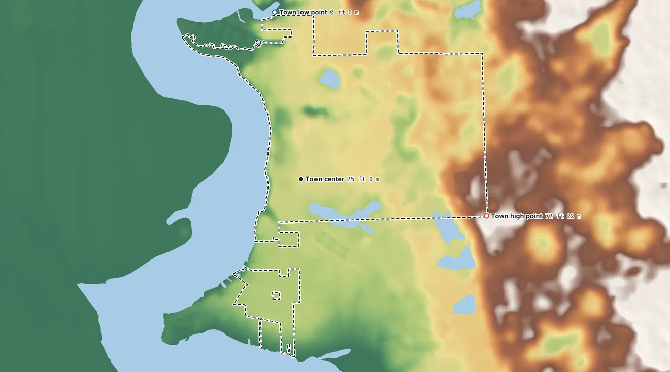 Topographic elevation map of Welaka, Florida, shaded from 0 ft on the north side to 72 ft on the east side
