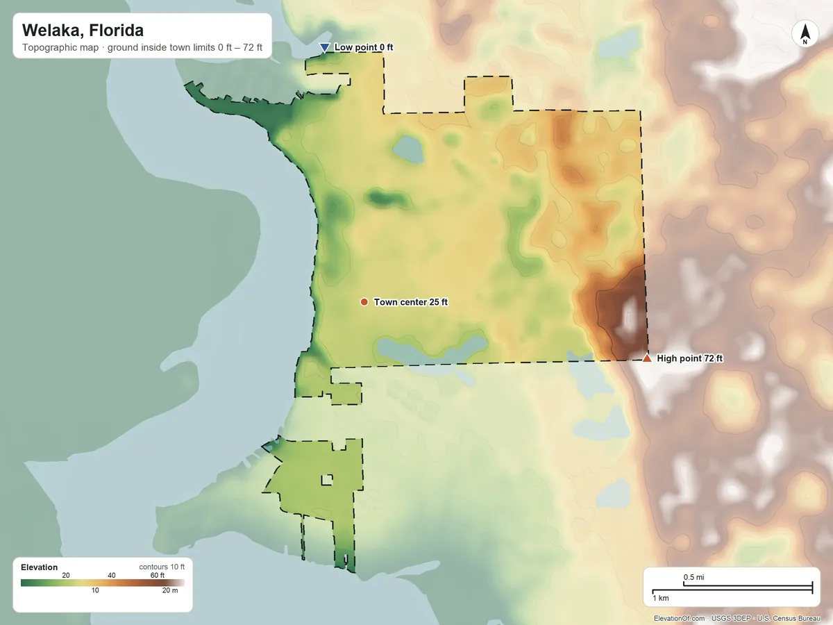 Topographic elevation map of Welaka, Florida, shaded from 0 ft on the north side to 72 ft on the east side