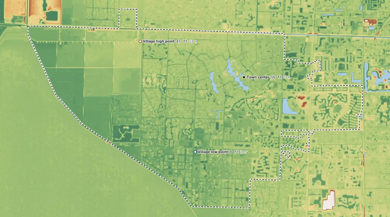 Topographic elevation map of Wellington, Florida, shaded from 8 ft on the southwest side to 41 ft on the west side