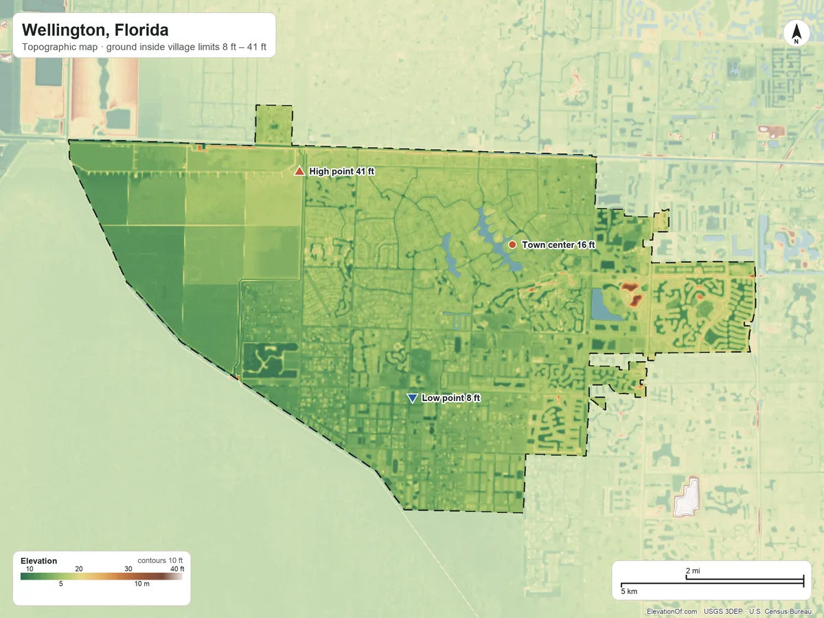 Topographic elevation map of Wellington, Florida, shaded from 8 ft on the southwest side to 41 ft on the west side