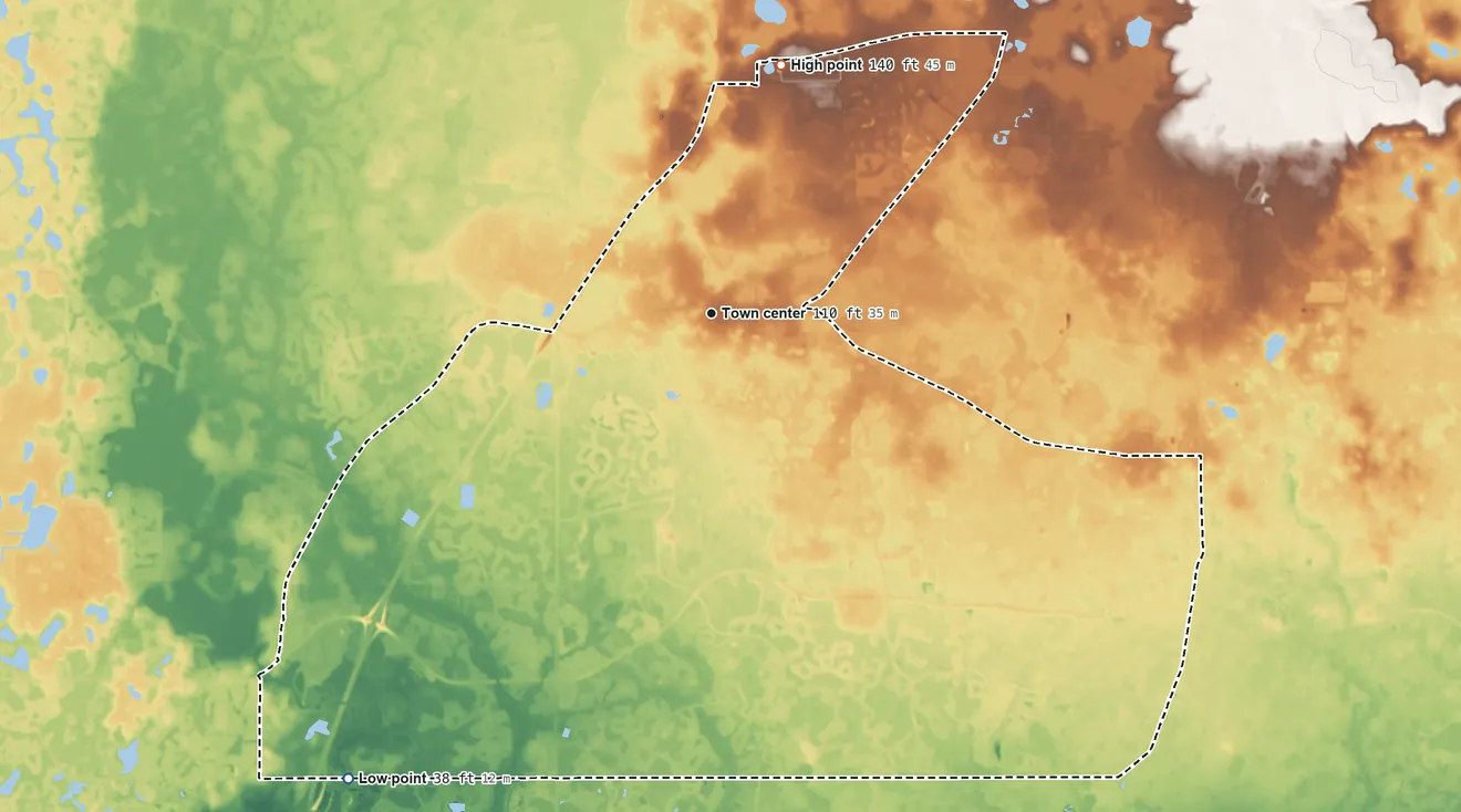 Topographic elevation map of Wesley Chapel, Florida, shaded from 38 ft on the southwest side to 140 ft on the north side