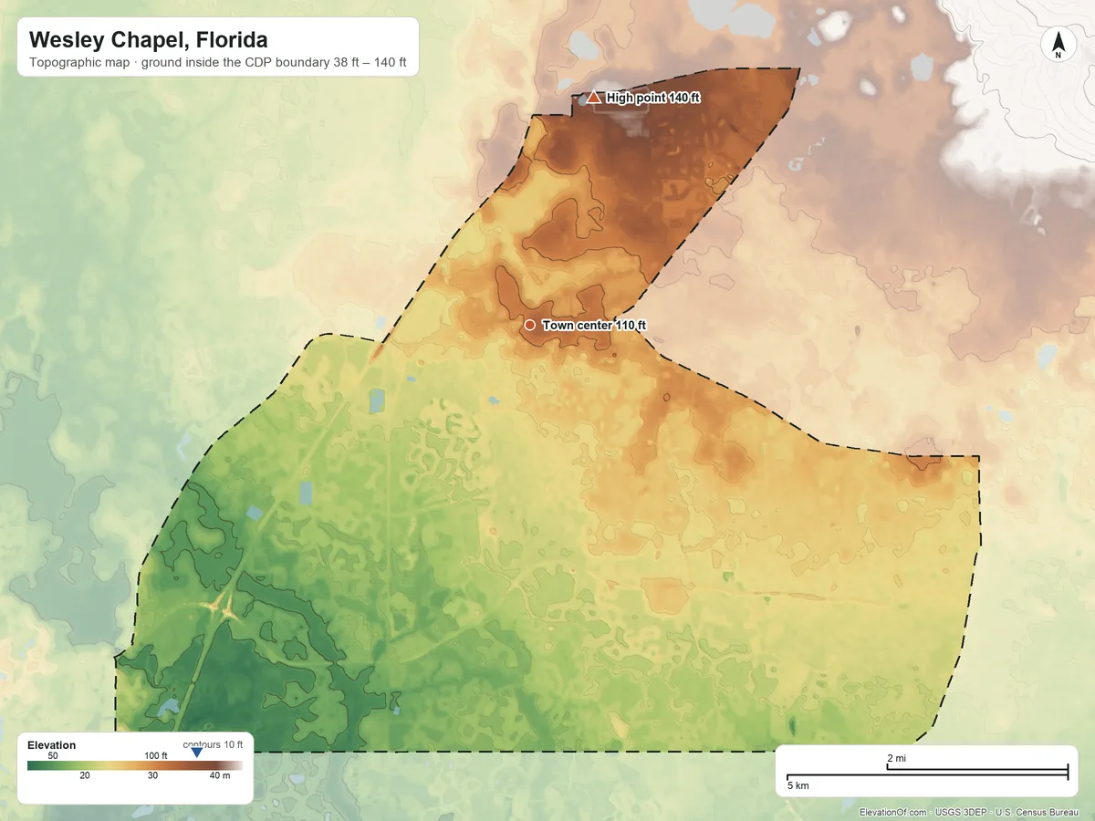 Topographic elevation map of Wesley Chapel, Florida, shaded from 38 ft on the southwest side to 140 ft on the north side