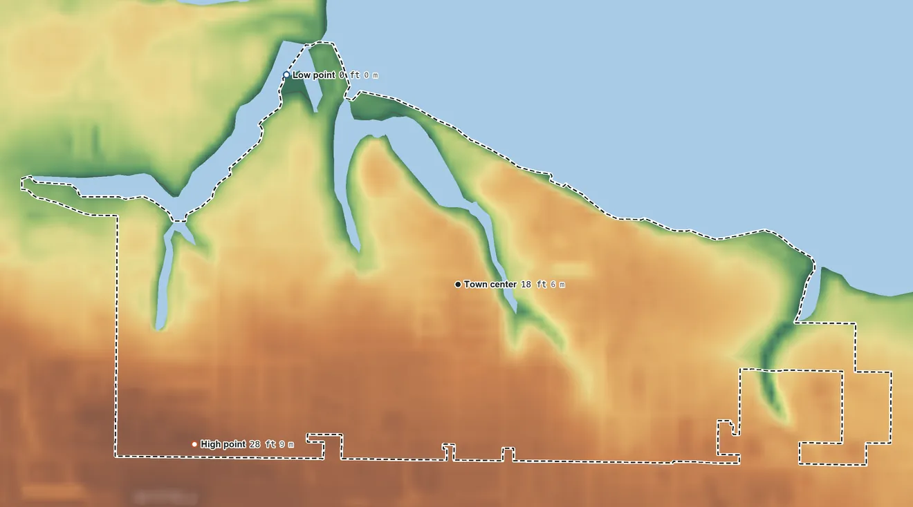 Topographic elevation map of West Bradenton, Florida, shaded from sea level level on Tampa Bay to 28 ft on the southwest side