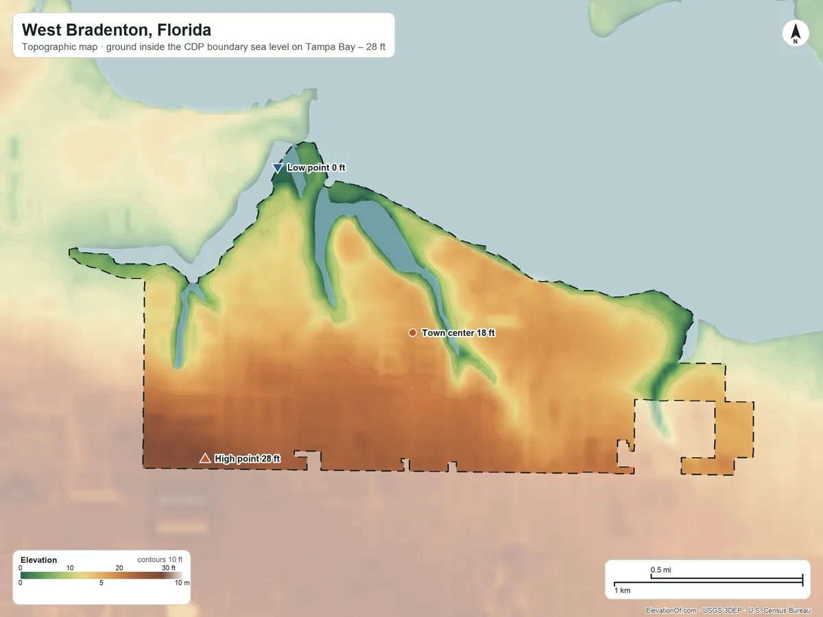 Topographic elevation map of West Bradenton, Florida, shaded from sea level level on Tampa Bay to 28 ft on the southwest side