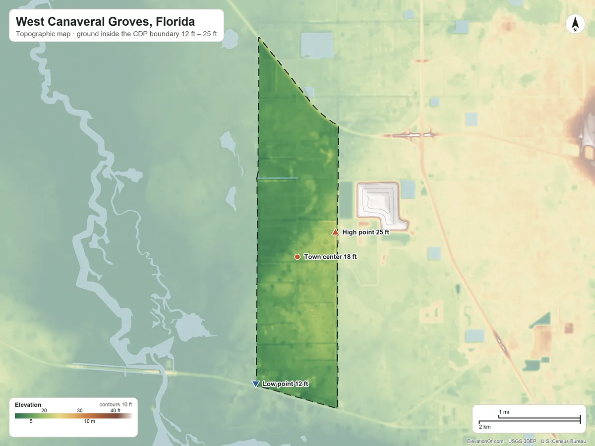 Topographic elevation map of West Canaveral Groves, Florida, shaded from 12 ft on the south side to 25 ft on the northeast side