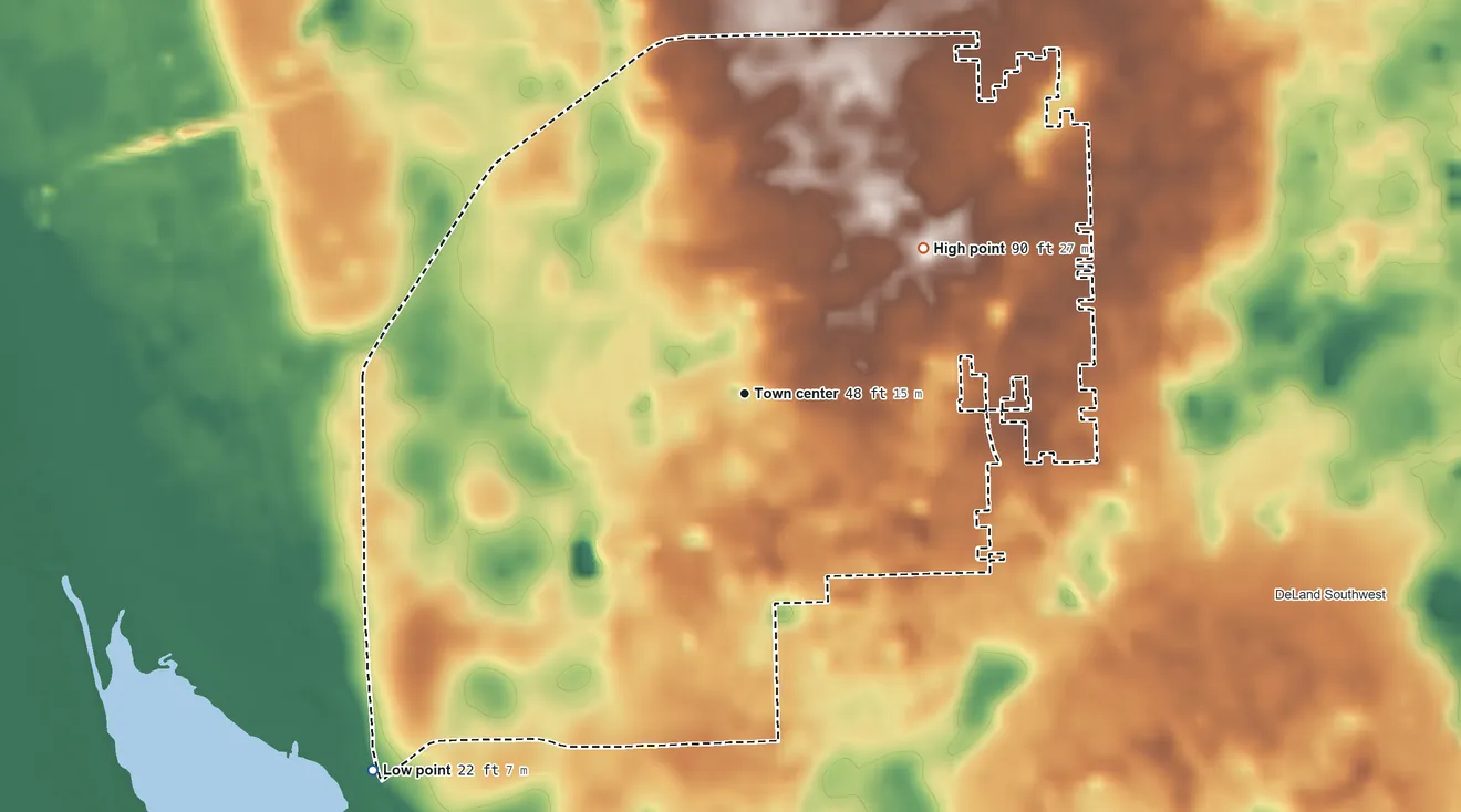 Topographic elevation map of West DeLand, Florida, shaded from 22 ft on the southwest side to 90 ft on the northeast side