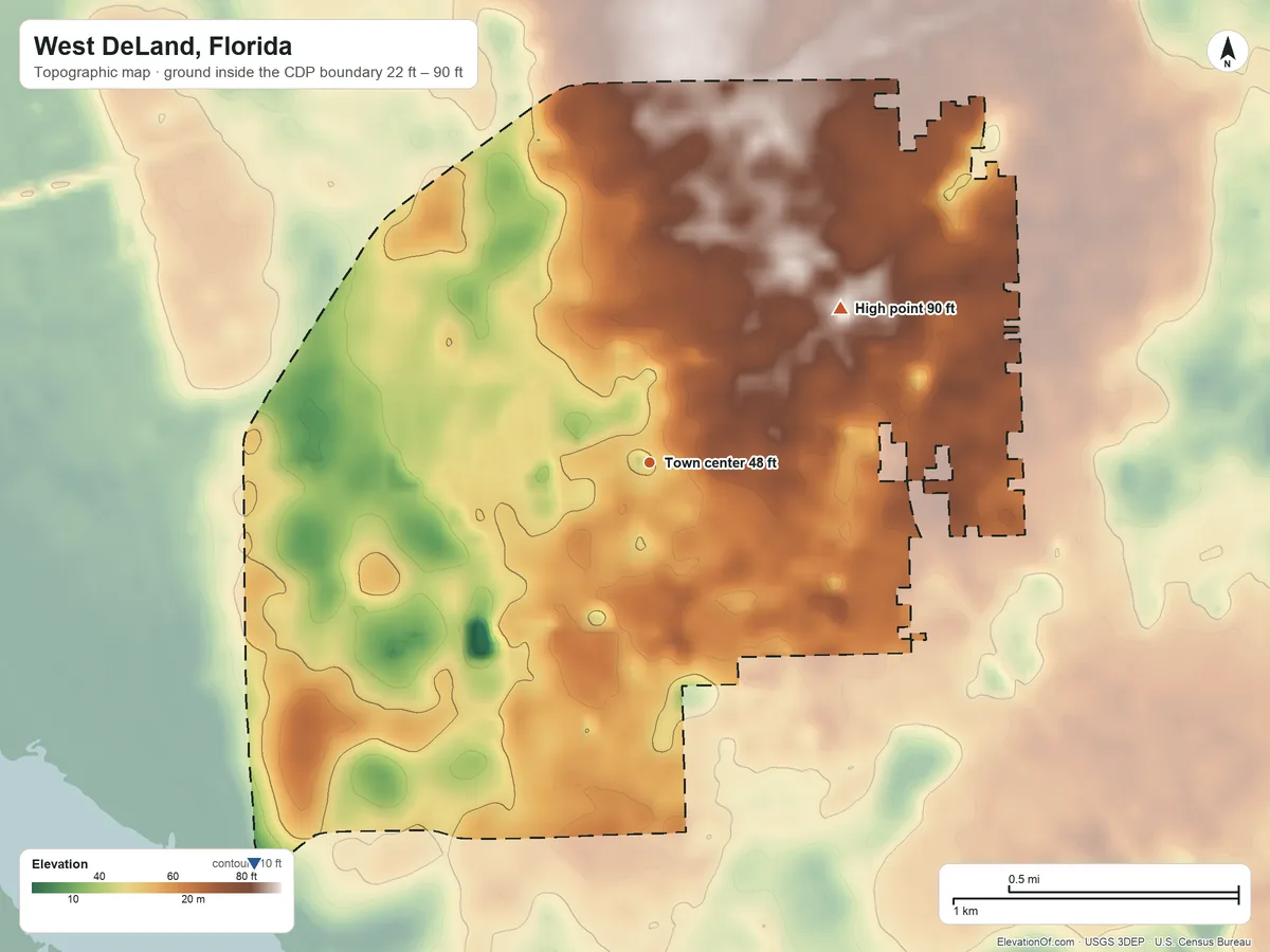 Topographic elevation map of West DeLand, Florida, shaded from 22 ft on the southwest side to 90 ft on the northeast side