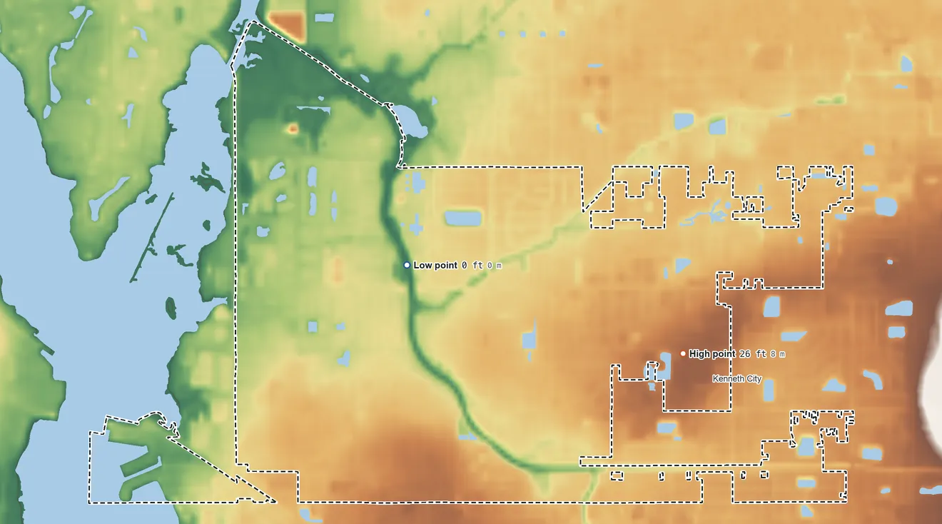 Topographic elevation map of West Lealman, Florida, shaded from sea level level on the Long Bayou to 26 ft on the east side