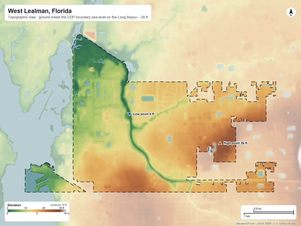 Topographic elevation map of West Lealman, Florida, shaded from sea level level on the Long Bayou to 26 ft on the east side