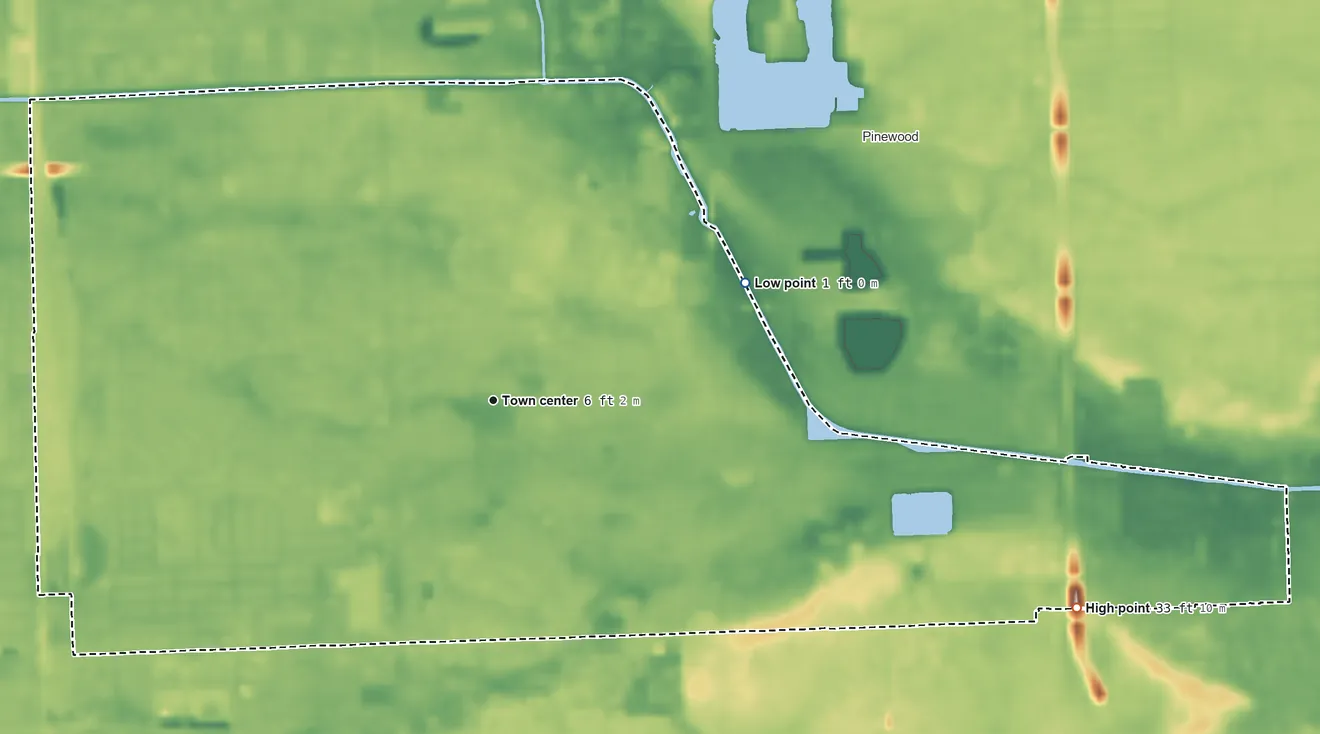 Topographic elevation map of West Little River, Florida, shaded from 1 ft on the northeast side to 33 ft on the east side