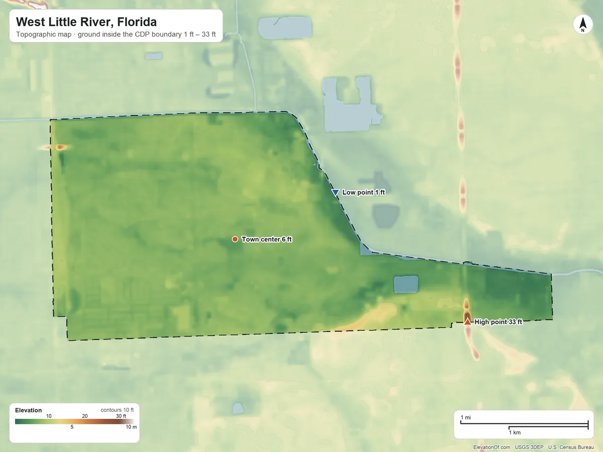 Topographic elevation map of West Little River, Florida, shaded from 1 ft on the northeast side to 33 ft on the east side