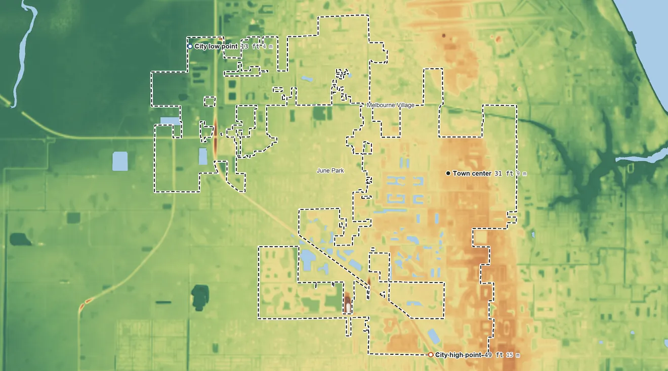 Topographic elevation map of West Melbourne, Florida, shaded from 13 ft on the northwest side to 49 ft on the south side