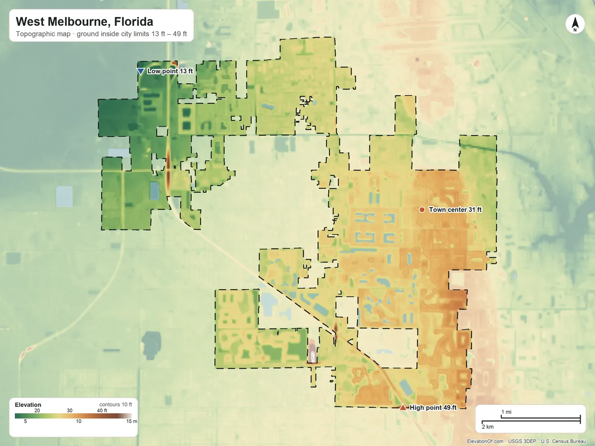 Topographic elevation map of West Melbourne, Florida, shaded from 13 ft on the northwest side to 49 ft on the south side