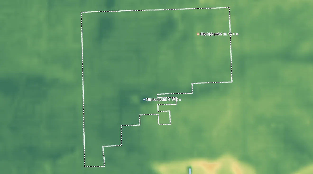 Topographic elevation map of West Miami, Florida, shaded from 5 ft on the southeast side to 11 ft on the northeast side