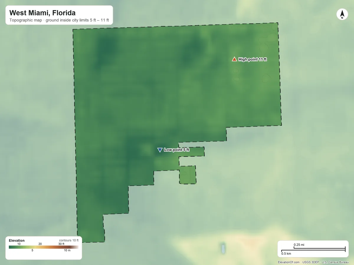 Topographic elevation map of West Miami, Florida, shaded from 5 ft on the southeast side to 11 ft on the northeast side