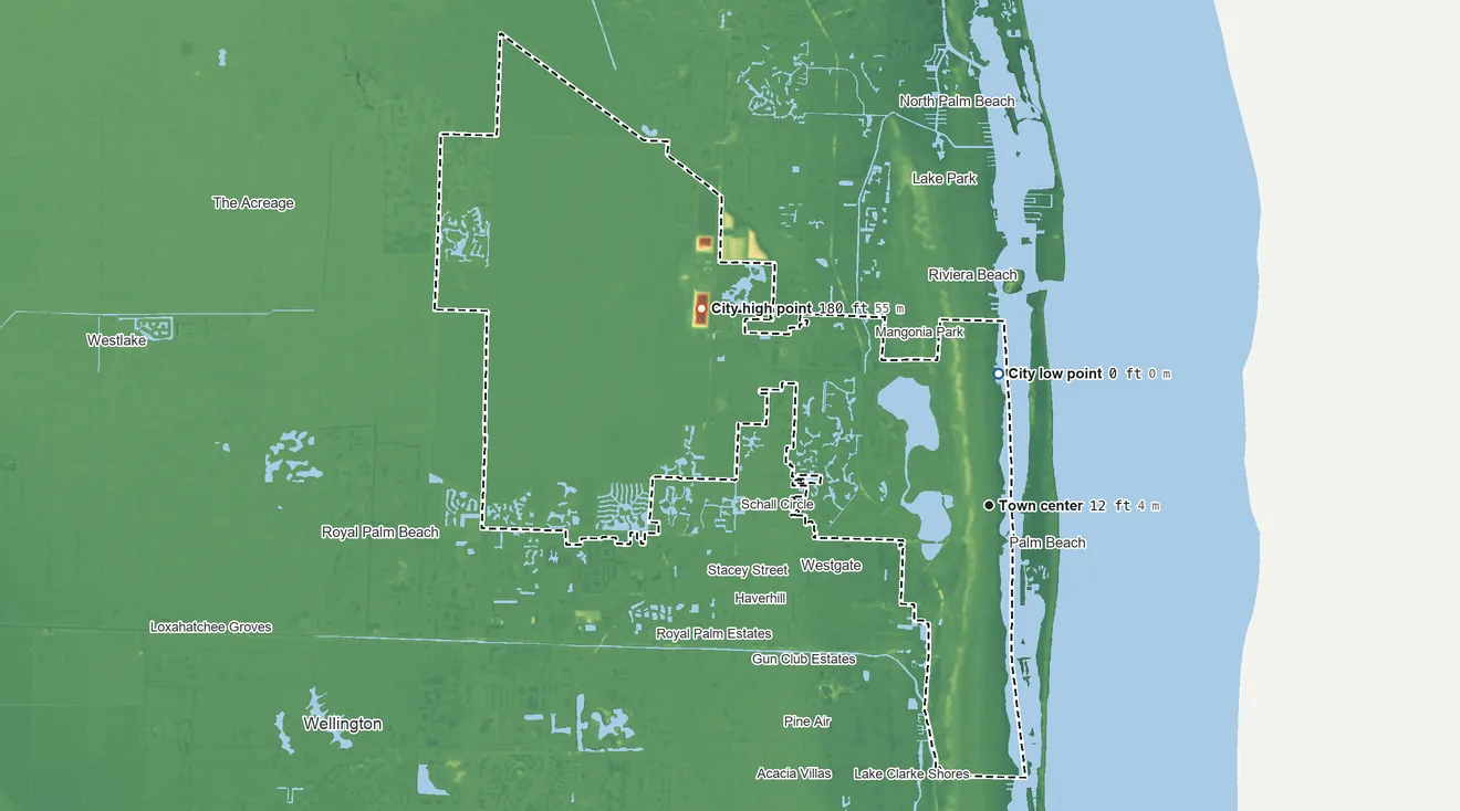Topographic elevation map of West Palm Beach, Florida, shaded from sea level level on the Atlantic Ocean to 180 ft on the northwest side