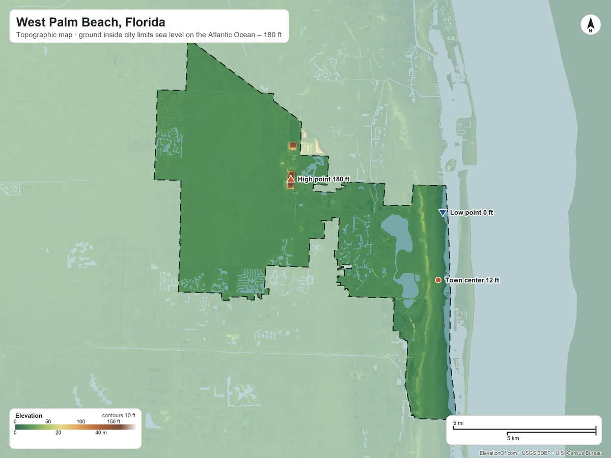 Topographic elevation map of West Palm Beach, Florida, shaded from sea level level on the Atlantic Ocean to 180 ft on the northwest side