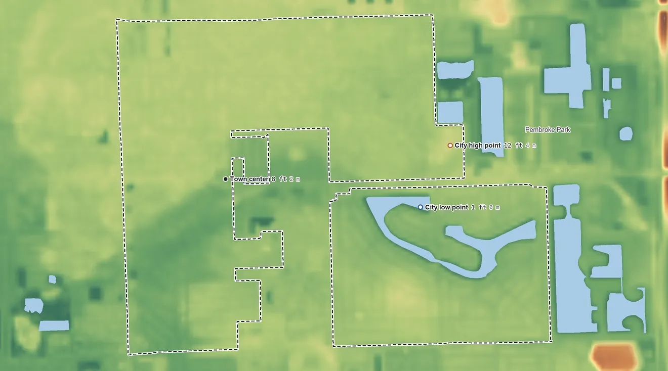 Topographic elevation map of West Park, Florida, shaded from 1 ft on the east side to 12 ft on the east side