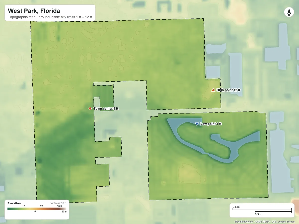 Topographic elevation map of West Park, Florida, shaded from 1 ft on the east side to 12 ft on the east side