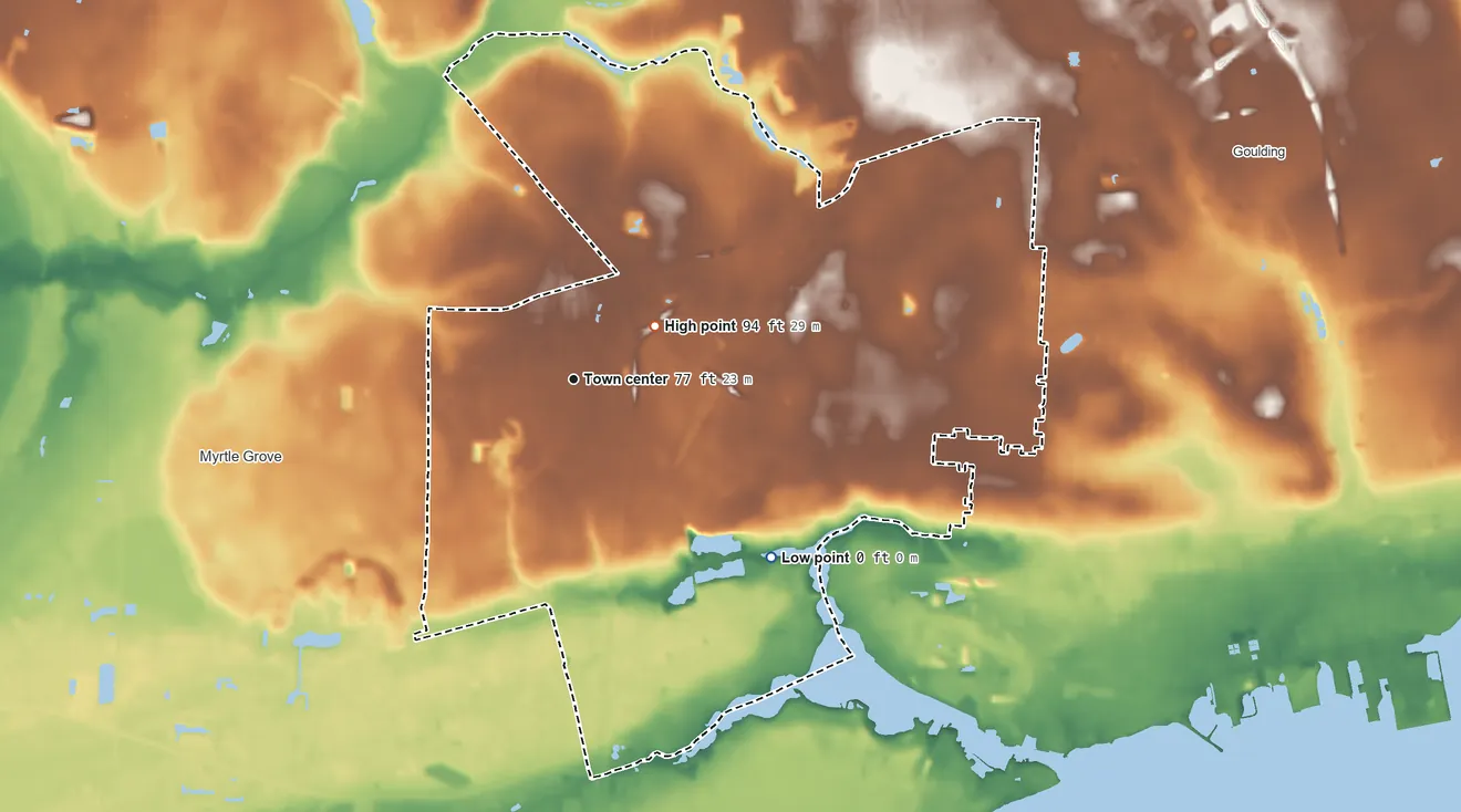 Topographic elevation map of West Pensacola, Florida, shaded from 0 ft on the southeast side to 94 ft near the middle