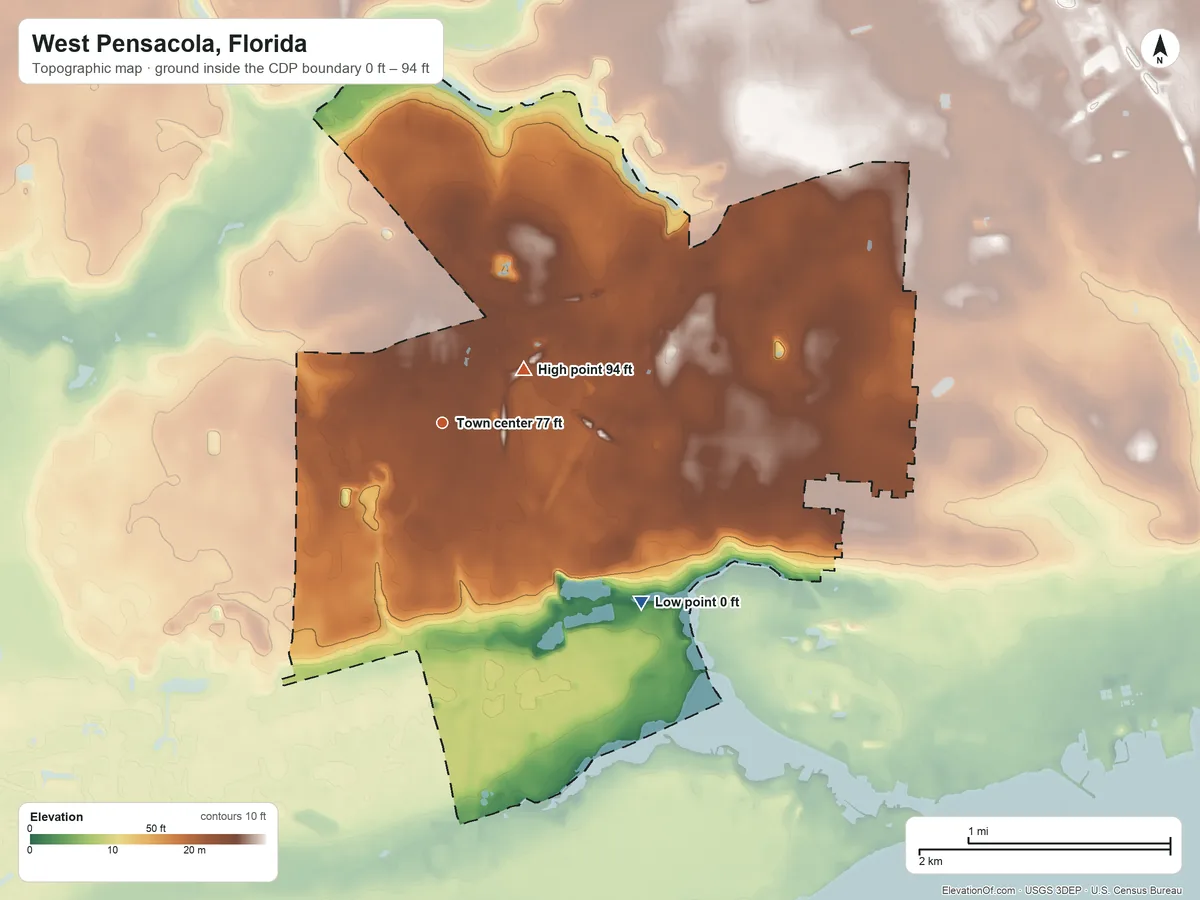 Topographic elevation map of West Pensacola, Florida, shaded from 0 ft on the southeast side to 94 ft near the middle