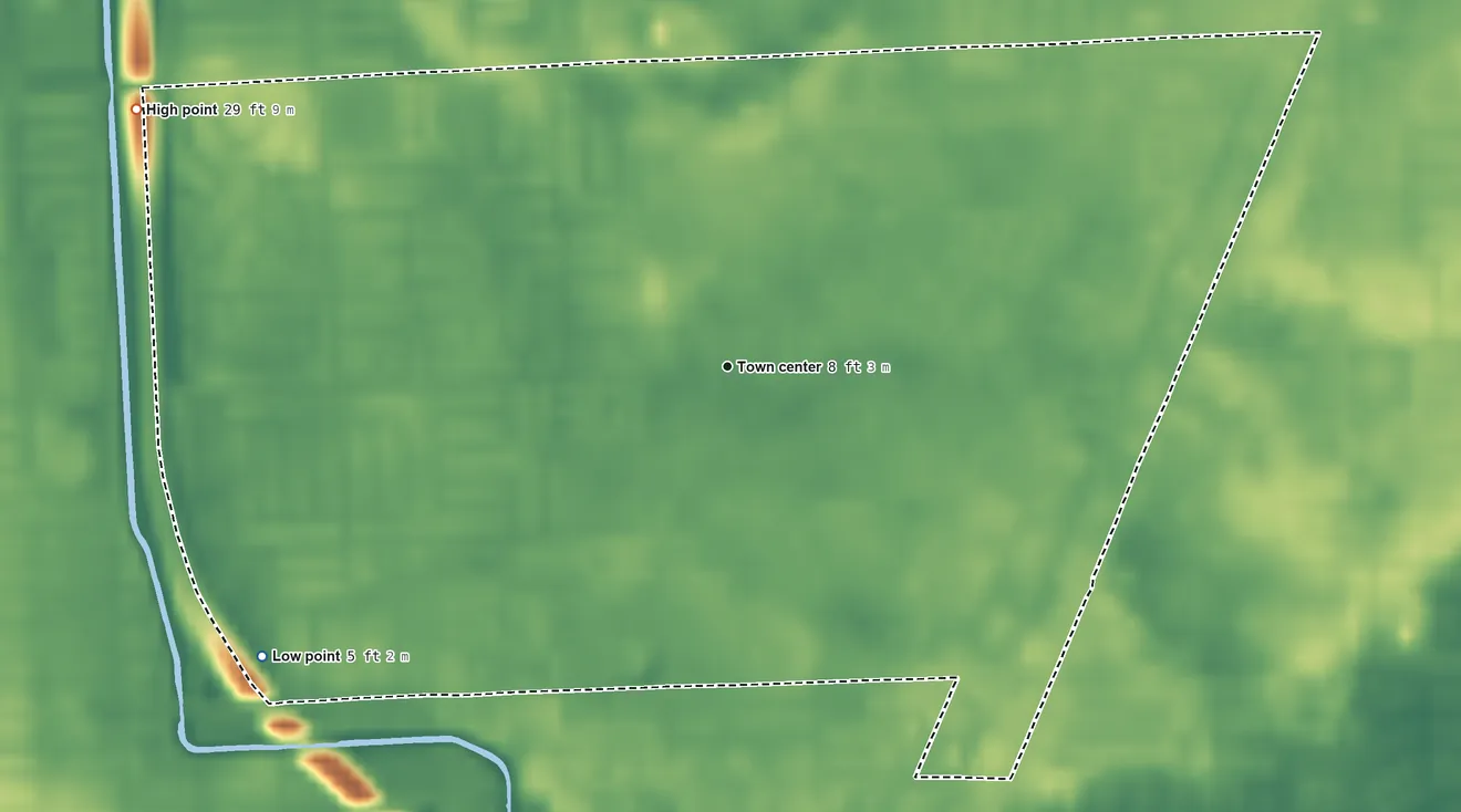 Topographic elevation map of West Perrine, Florida, shaded from 5 ft on the southwest side to 29 ft on the northwest side