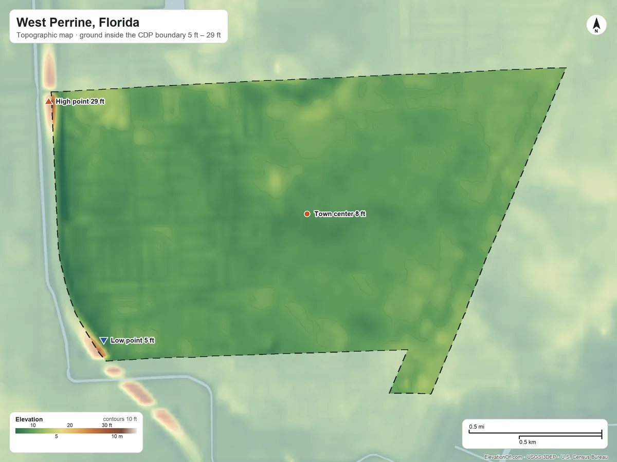 Topographic elevation map of West Perrine, Florida, shaded from 5 ft on the southwest side to 29 ft on the northwest side