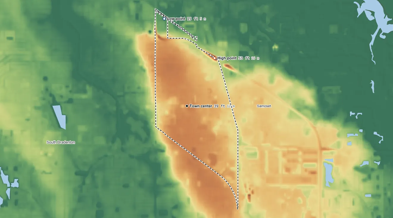 Topographic elevation map of West Samoset, Florida, shaded from 15 ft on the north side to 53 ft on the northeast side