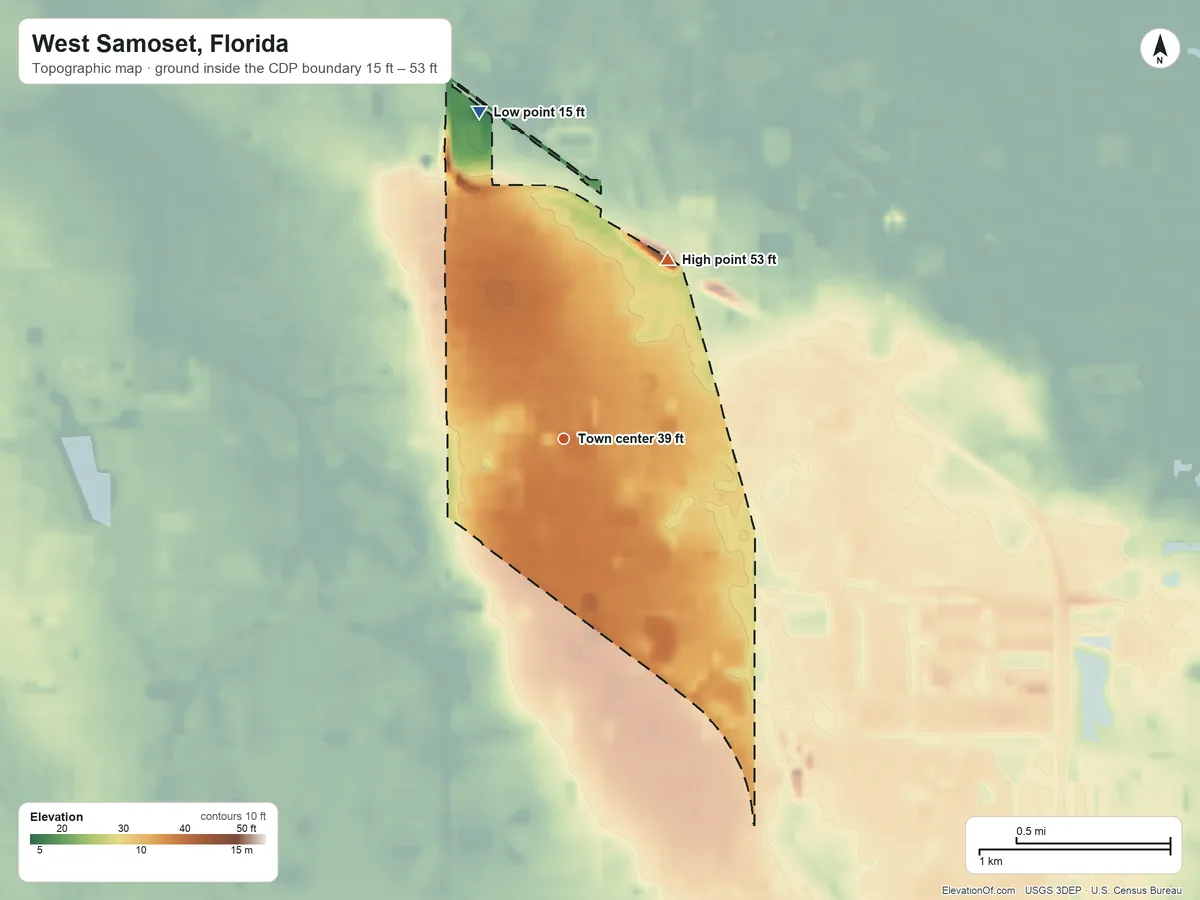 Topographic elevation map of West Samoset, Florida, shaded from 15 ft on the north side to 53 ft on the northeast side