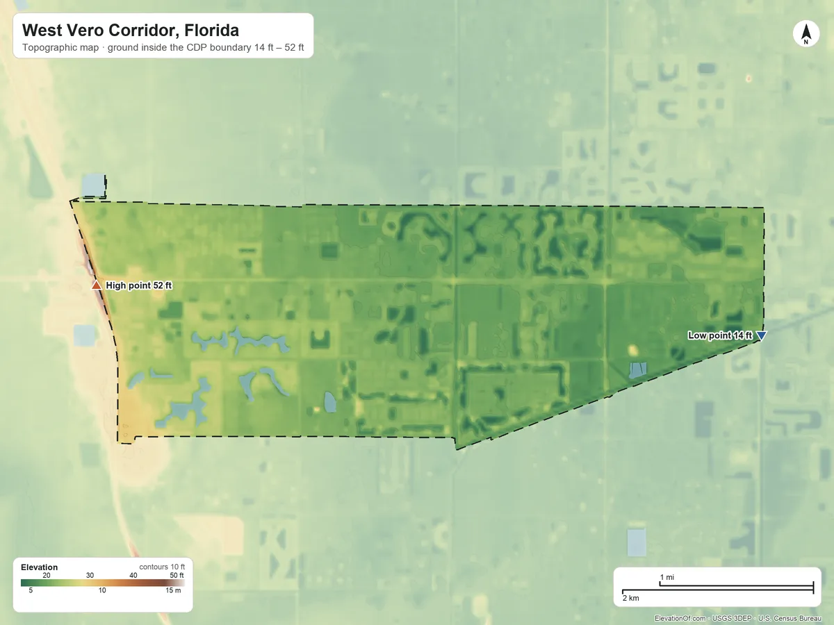 Topographic elevation map of West Vero Corridor, Florida, shaded from 14 ft on the east side to 52 ft on the west side