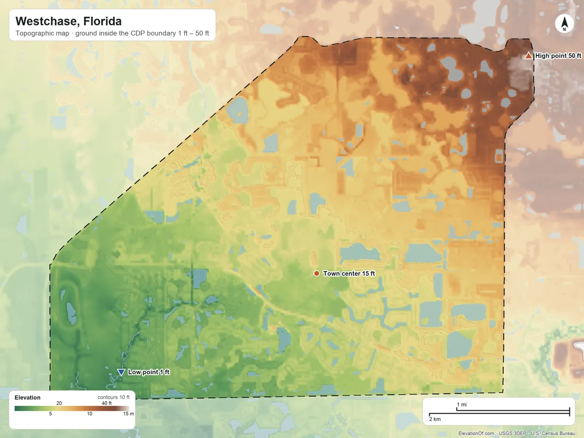 Topographic elevation map of Westchase, Florida, shaded from 1 ft on the southwest side to 50 ft on the northeast side