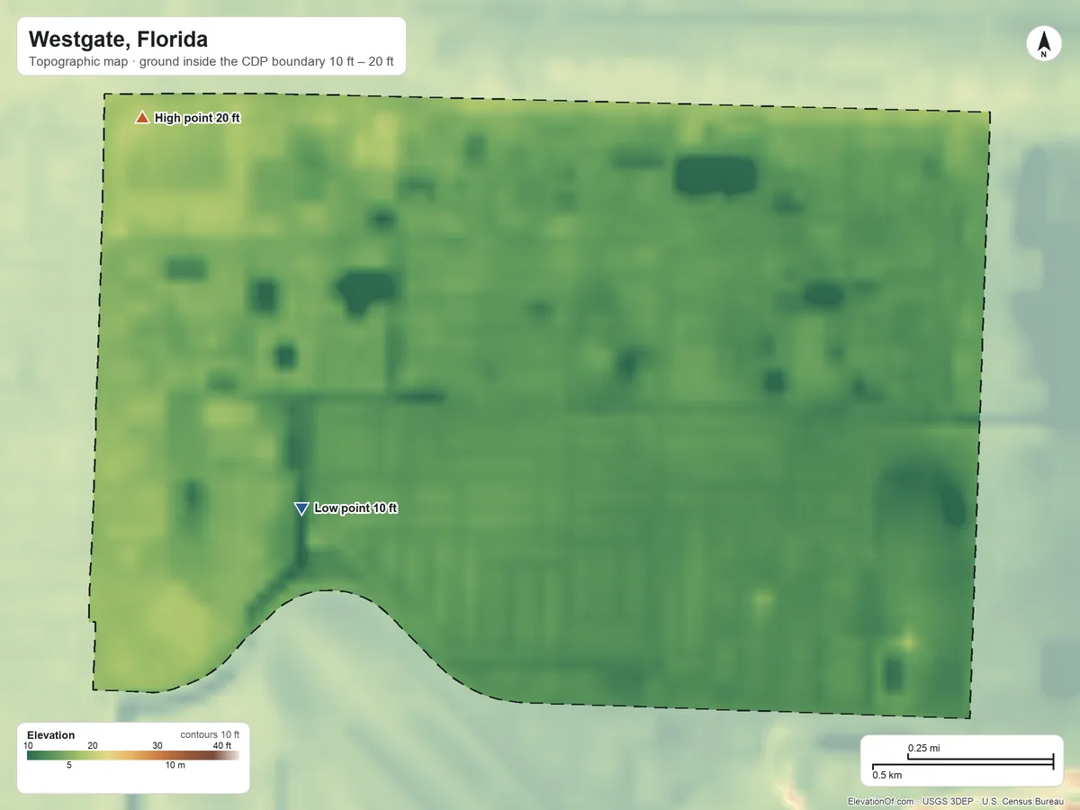 Topographic elevation map of Westgate, Florida, shaded from 10 ft on the southwest side to 20 ft on the northwest side