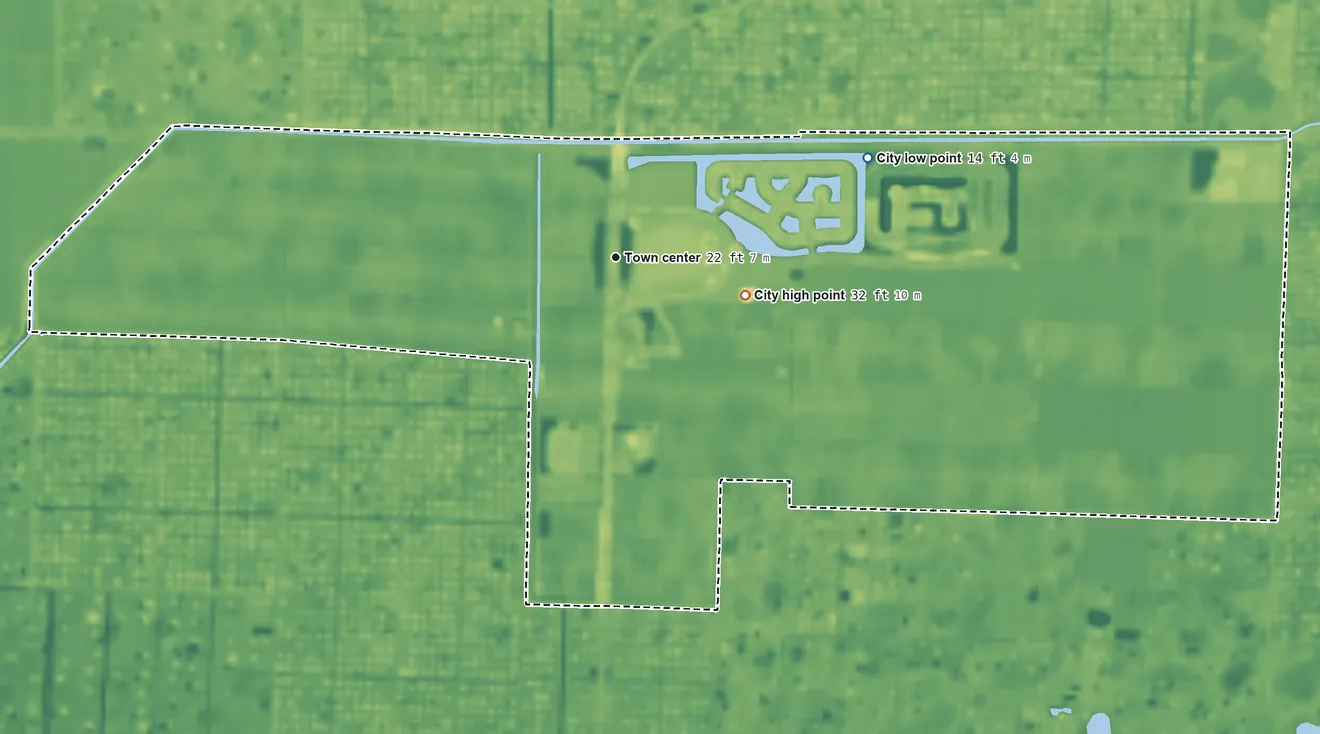 Topographic elevation map of Westlake, Florida, shaded from 14 ft on the east side to 32 ft near the middle