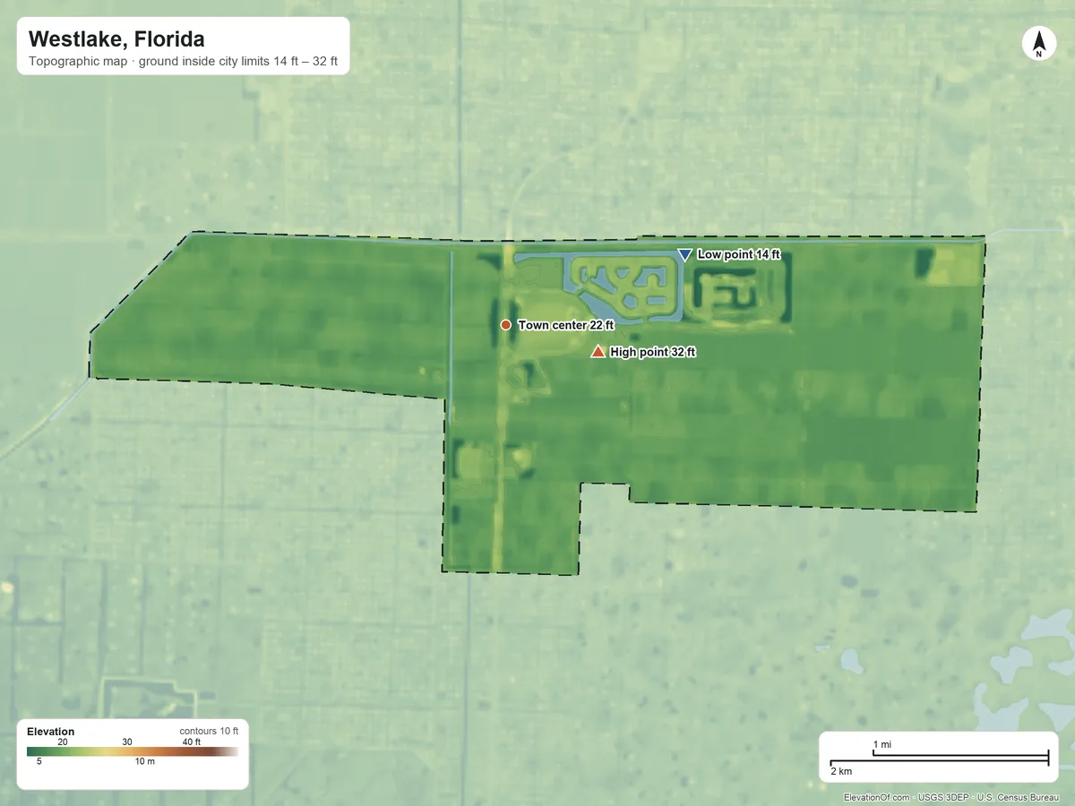 Topographic elevation map of Westlake, Florida, shaded from 14 ft on the east side to 32 ft near the middle