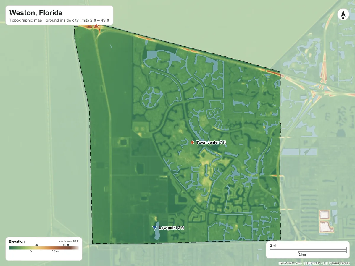Topographic elevation map of Weston, Florida, shaded from 2 ft on the southwest side to 49 ft on the northwest side