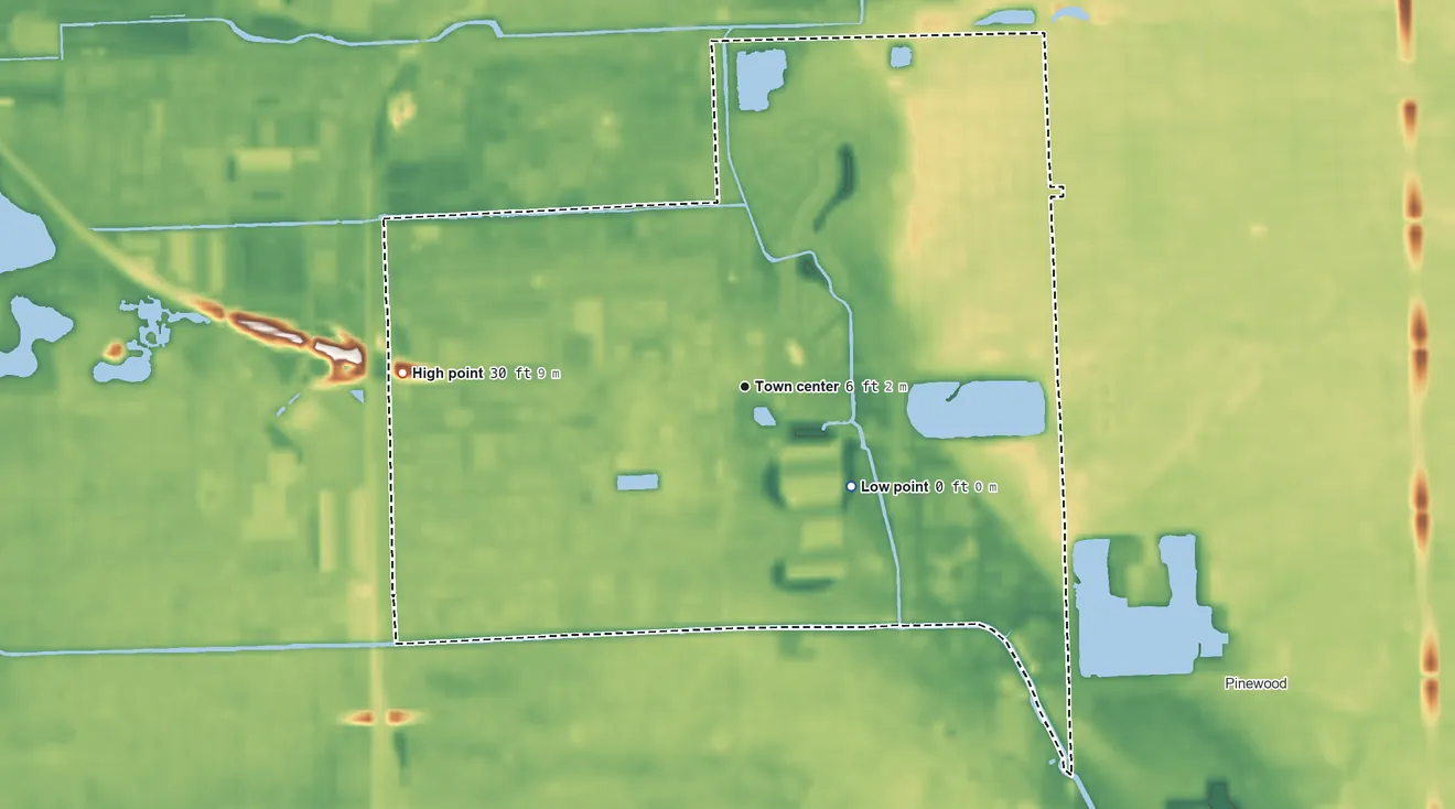 Topographic elevation map of Westview, Florida, shaded from 0 ft on the southeast side to 30 ft on the west side