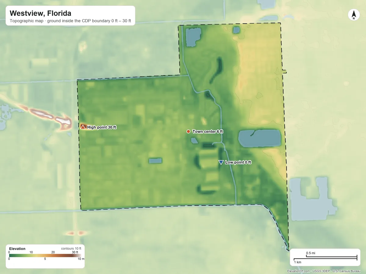 Topographic elevation map of Westview, Florida, shaded from 0 ft on the southeast side to 30 ft on the west side